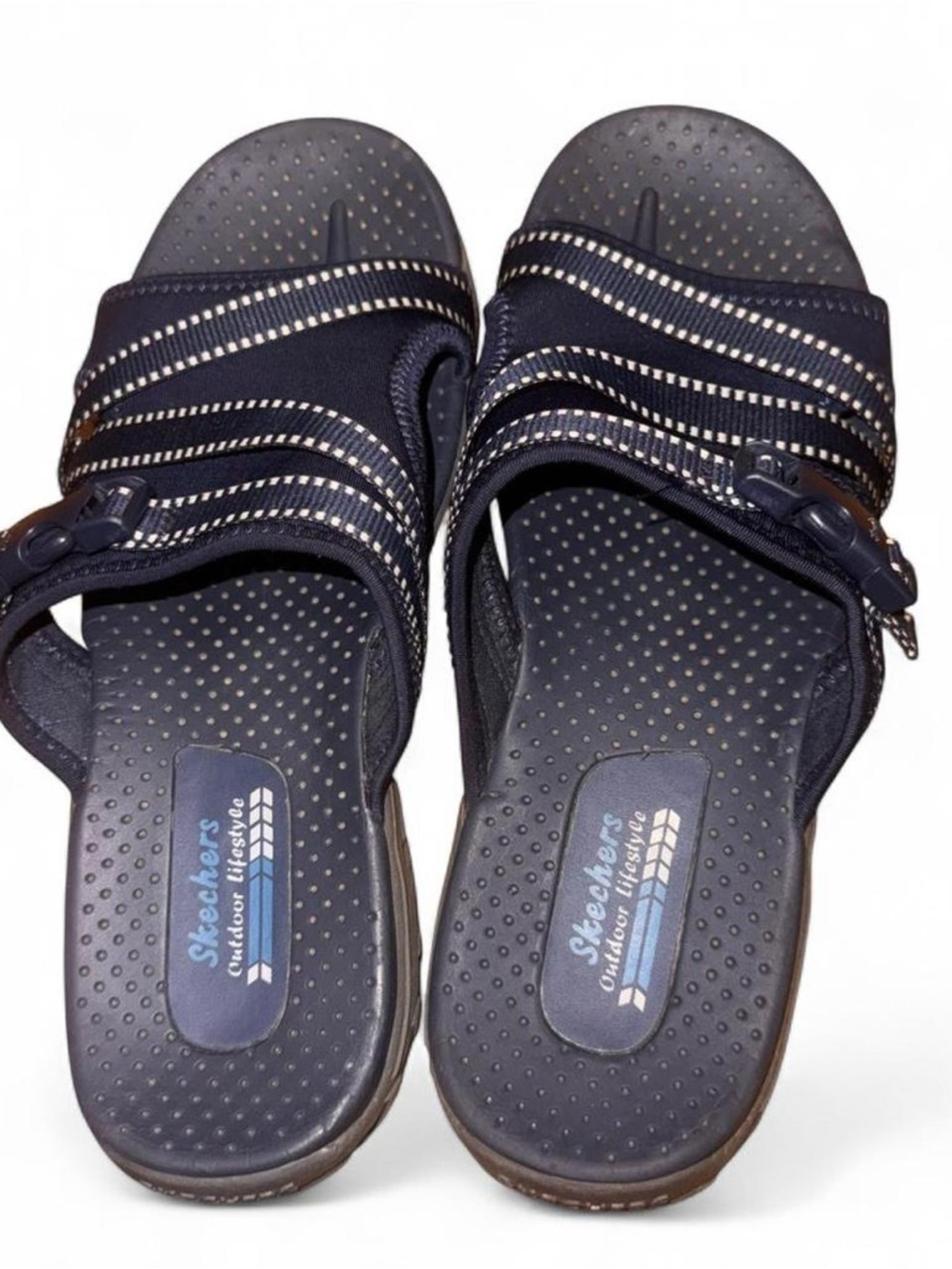 Women’s Skechers Navy Slip-On Comfort Sandals with Contrast Stripes